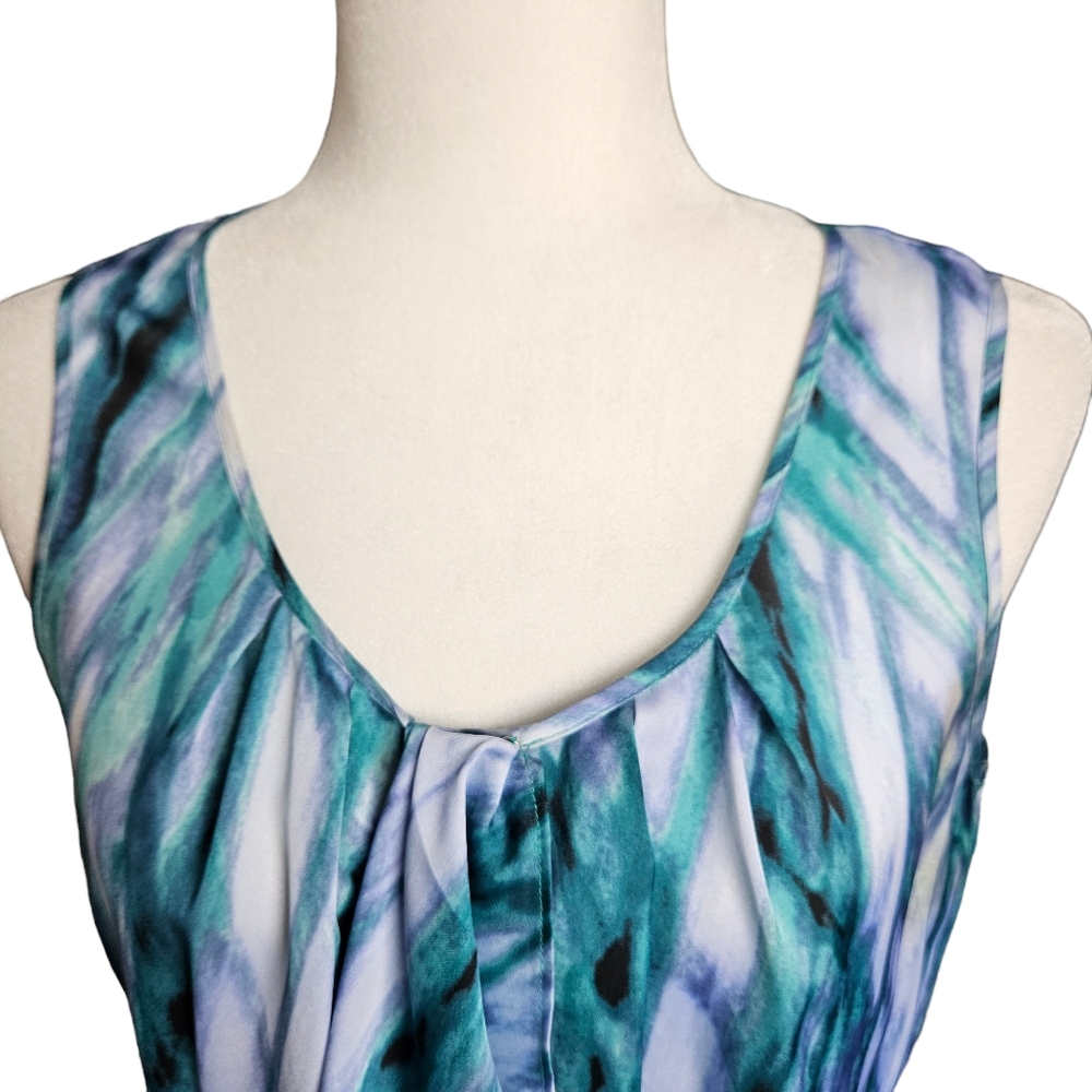 Anne Klein green-blue purple sleeveless blouse top abstract pattern ruffled neck